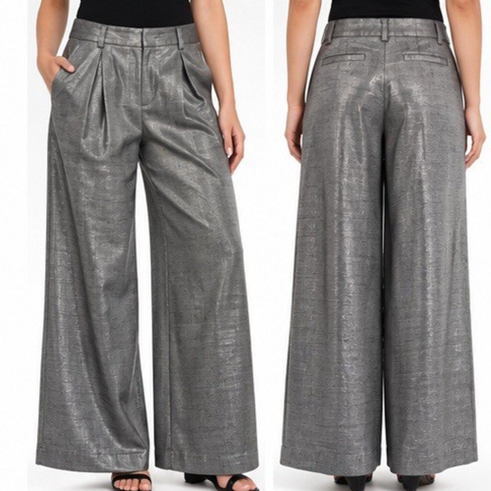 ALICE + OLIVIA WOMENS SIZE 12 METALLIC GRAY WIDE LEG PANTS SHIMMER TROUSERS USA